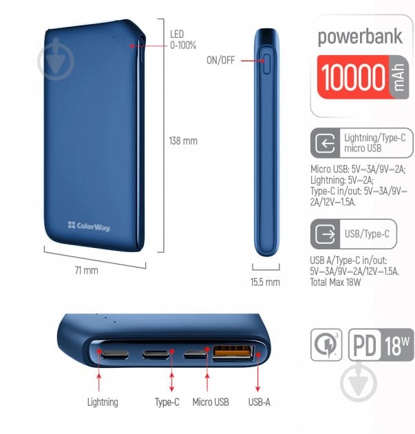 Повербанк ColorWay 18W Soft CW-PB100LPE3BL-PD 10000 mAh blue - фото 7