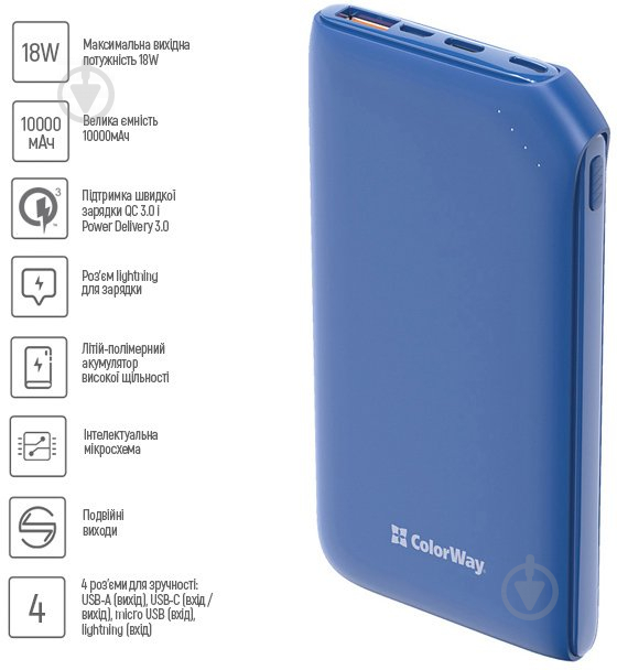 Повербанк ColorWay 18W Soft CW-PB100LPE3BL-PD 10000 mAh blue - фото 6