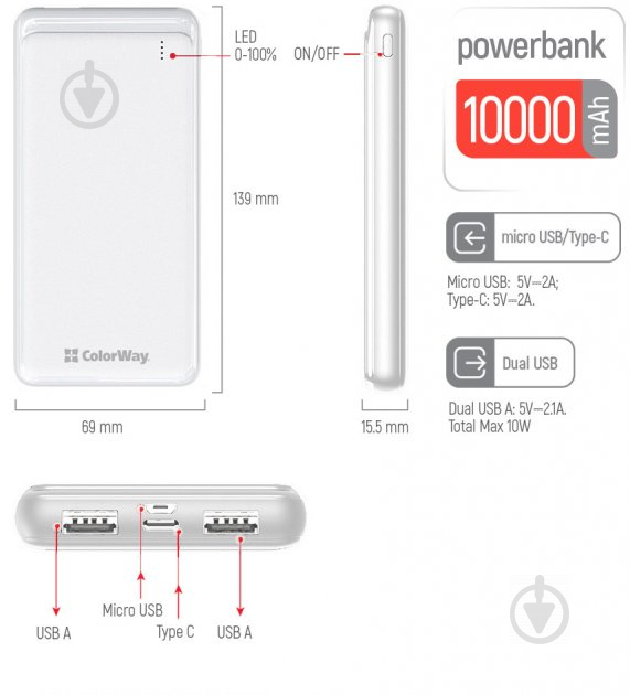 Повербанк ColorWay Slim CW-PB100LPF2WT 10000 mAh white - фото 7