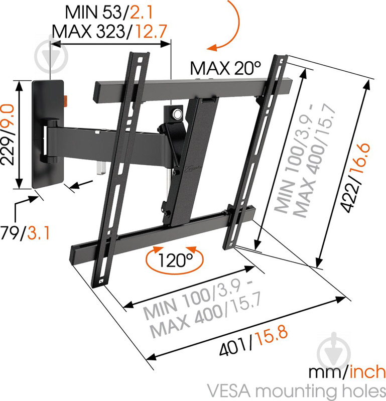 Кріплення для телевізора Vogels W52070 поворотно-похилі 32"-55" чорний - фото 8