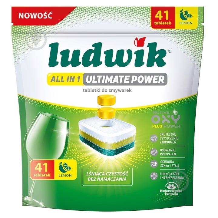 Таблетки для посудомоечных машин Ludwik Абсолютная мощность All in 1 лимон 41 шт. - фото 1 Таблетки для посудомоечных машин Ludwik Абсолютная мощность All in 1 лимон 41 шт. - фото 1