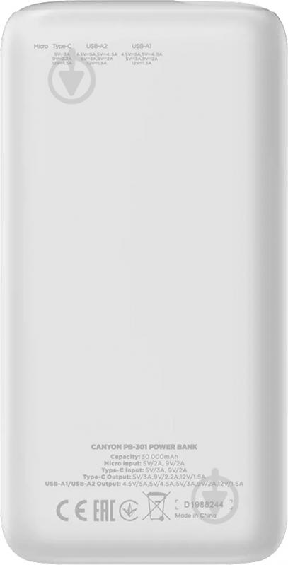 Повербанк Canyon PB-301 PD QC 30000 mAh white (CNE-CPB301W) - фото 3