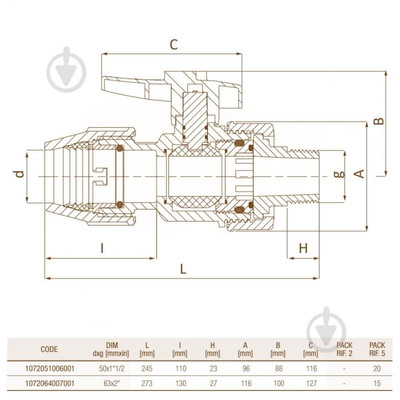 Кран кульовий Unidelta для ПЕ труб O20 x 1/2" ЗР PP-B - фото 3 Кран кульовий Unidelta для ПЕ труб O20 x 1/2" ЗР PP-B - фото 3