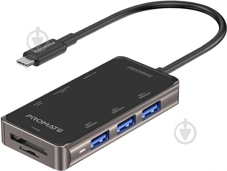 USB-хаб Promate PrimeHub-Mini USB-C PD/HDMI/3xUSB 3.0/RJ45/SD/MicroSD Grey - фото 1