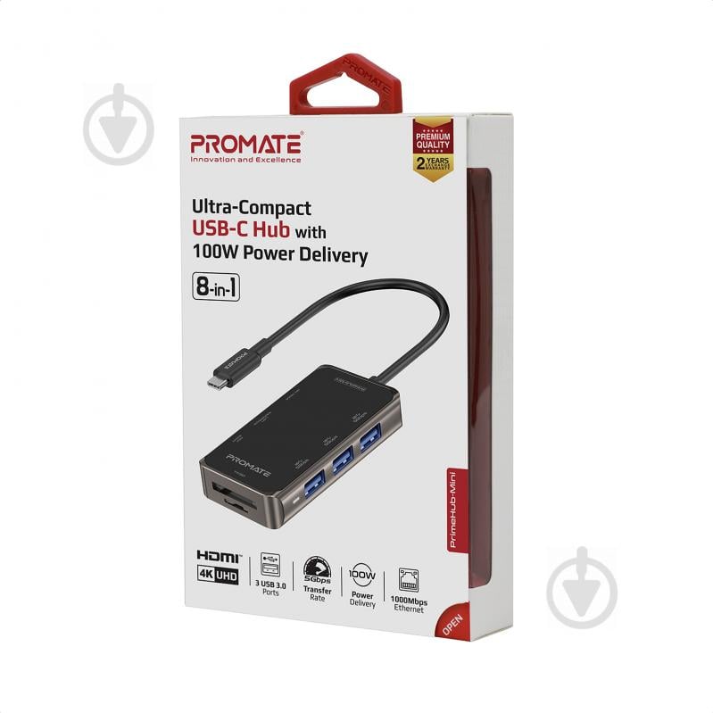 USB-хаб Promate PrimeHub-Mini USB-C PD/HDMI/3xUSB 3.0/RJ45/SD/MicroSD Grey - фото 7