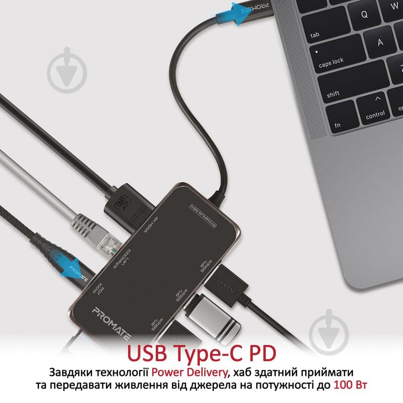 USB-хаб Promate PrimeHub-Mini USB-C PD/HDMI/3xUSB 3.0/RJ45/SD/MicroSD Grey - фото 3