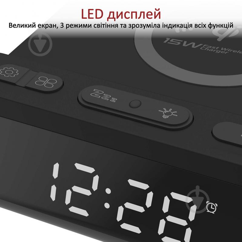 Бездротовий зарядний пристрій Promate TimePad-Qi з годинником-будильником 15 Вт Black - фото 3