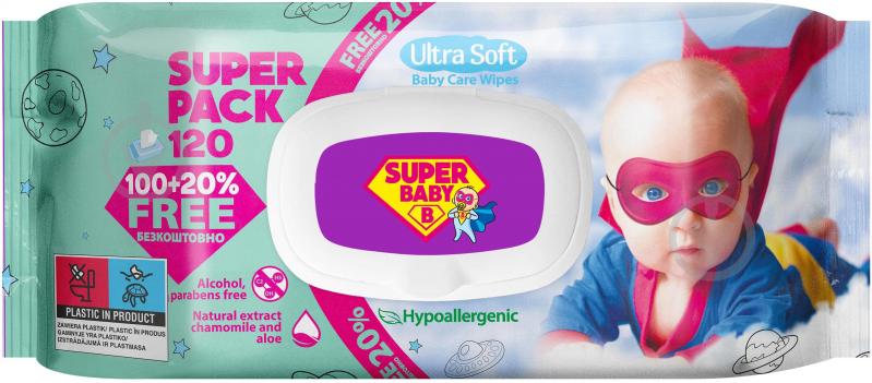 Дитячі вологі серветки Super Baby Ultra Soft ромашка та алоє 72 шт. - фото 1