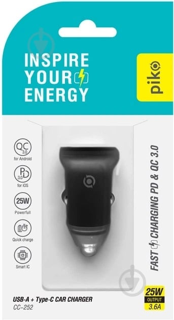 Автомобільний зарядний пристрій Piko 25W USB-A+USB-C QC+PD (CC-252) чорний - фото 3 Автомобільний зарядний пристрій Piko 25W USB-A+USB-C QC+PD (CC-252) чорний - фото 3