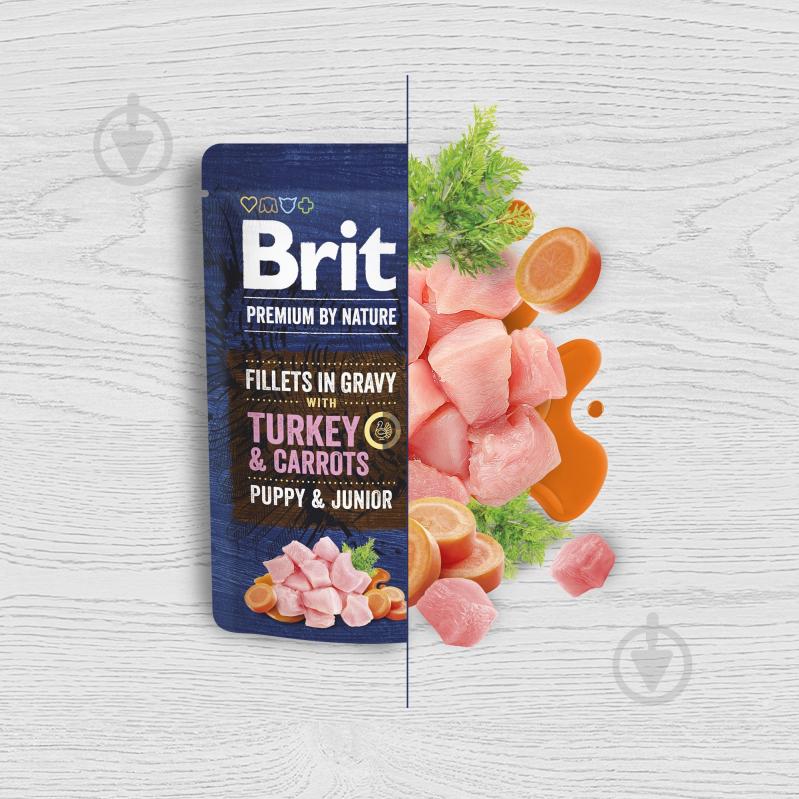 Корм вологий Brit Premium Fillets in Gravy Turkey & Carrots Puppy філе в соусі індичка та морква 85 г - фото 2 Корм вологий Brit Premium Fillets in Gravy Turkey & Carrots Puppy філе в соусі індичка та морква 85 г - фото 2