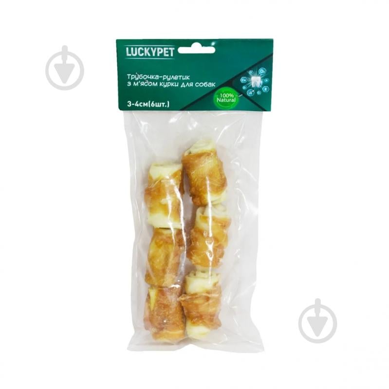 Ласощі Lucky Pet трубочка-рулетик №1 з м'ясом курки 3-4 см 6 шт./уп. - фото 1 Ласощі Lucky Pet трубочка-рулетик №1 з м'ясом курки 3-4 см 6 шт./уп. - фото 1