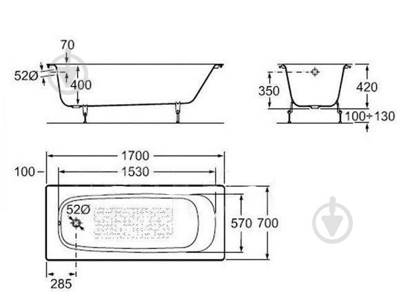 Ванна чугунная ROCA Continental 170х70 см A21291100R+A150412330 - фото 2