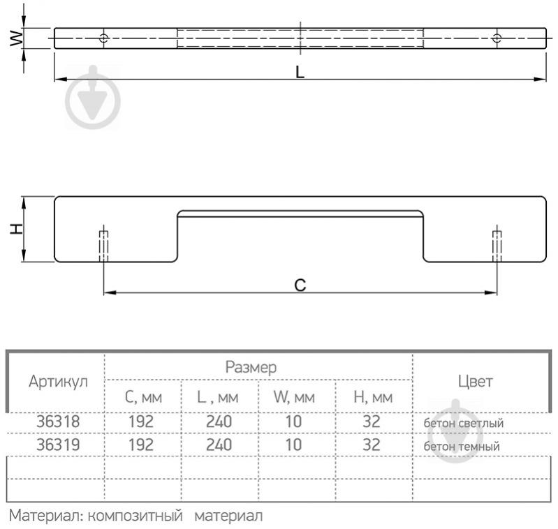 Меблева ручка скоба Ferro Fiori 36319 192 мм L 0610.192 бетон темний - фото 4