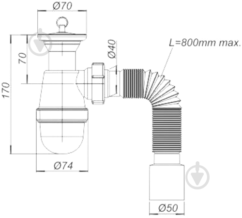 Сифон для умывальника SoloPlast "Универсал-МОНОЛИТ" У1110 (с гофрированной трубой L-800mm, пробкой) - фото 2
