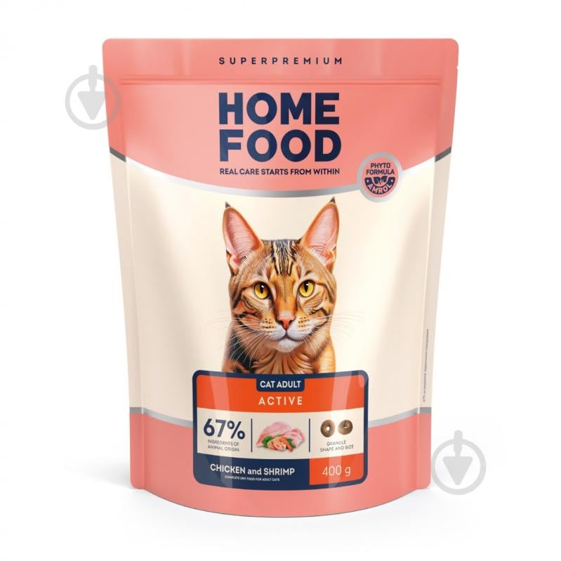 Корм сухий Home Food для активних дорослих котів Курочка та креветка For active 400 г - фото 1