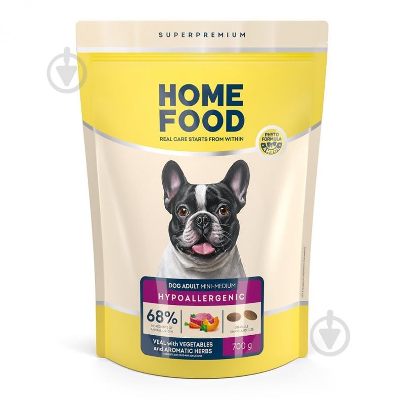 Корм сухой Home Food для взрослых собак мелких и средних пород Телятина с овощами и душистыми травами Hypoallergenic 700 г - фото 1 Корм сухой Home Food для взрослых собак мелких и средних пород Телятина с овощами и душистыми травами Hypoallergenic 700 г - фото 1