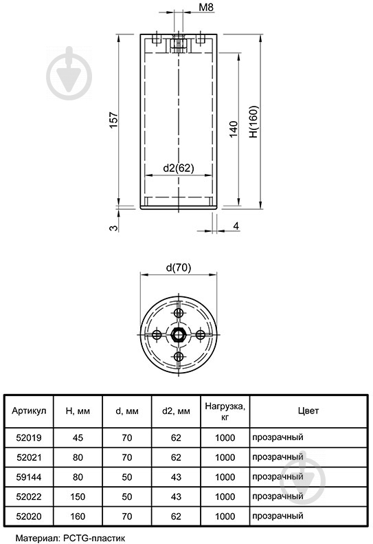 Мебельная ножка Ferro Fiori 52020 PL 11000 d=70 мм h=160 мм прозрачная - фото 4