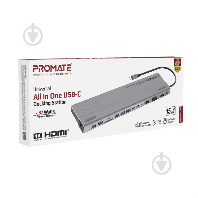 USB-хаб Promate BaseLink-Pro USB-C PD/HDMI/VGA/DisplayPort/3xUSB 3.1/2xUSB-C 3.1/2xUSB 2.0/RJ45/SD/MicroSD/AUX 3.5мм Grey - фото 3