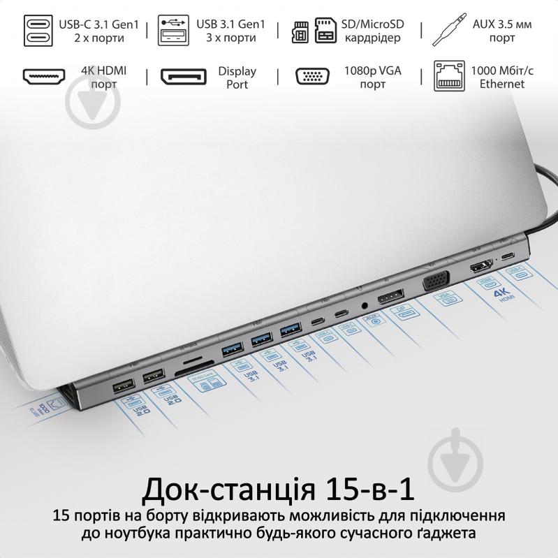 USB-хаб Promate BaseLink-Pro USB-C PD/HDMI/VGA/DisplayPort/3xUSB 3.1/2xUSB-C 3.1/2xUSB 2.0/RJ45/SD/MicroSD/AUX 3.5мм Grey - фото 2