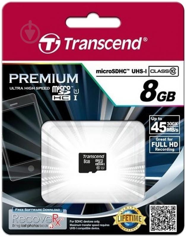 Карта памяти Transcend Premium microSDHC 8GB Class 10 UHS-I R45MB/s (TS8GUSDCU1) - фото 2