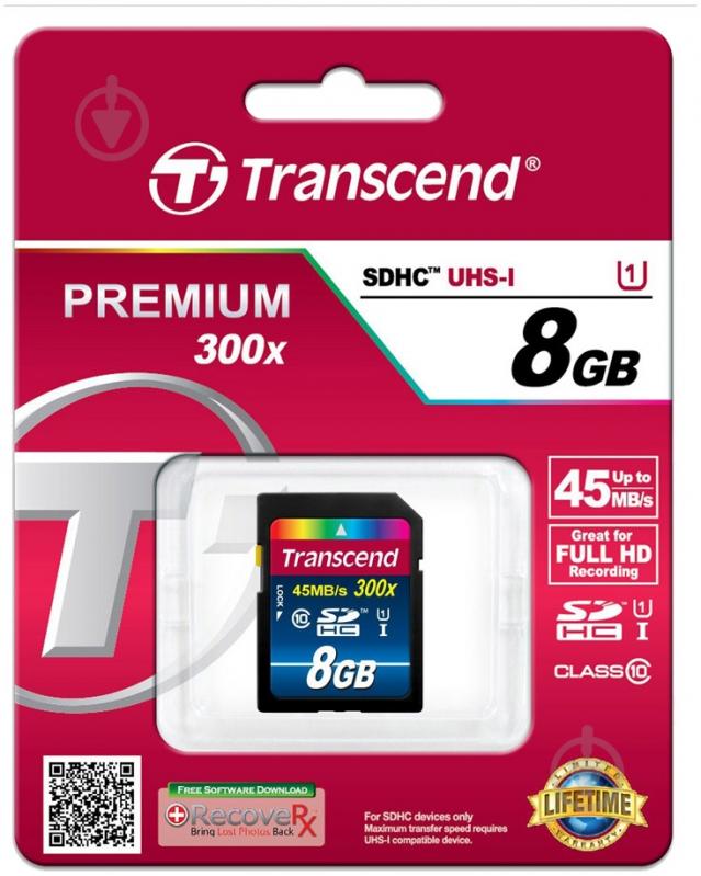 Карта памяти Transcend Premium SDHC 8GB Class 10 UHS-I R45MB/s (TS8GSDU1) - фото 2