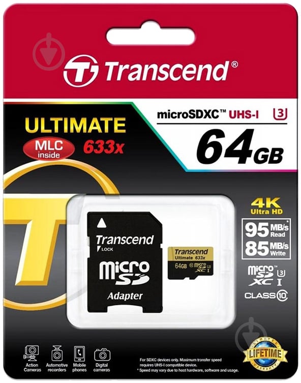 Карта памяти Transcend Ultimate micro SDXC 64GB Class 10 UHS-I U3 R95/W85MB/s 4K Video (TS64GUSDU3) - фото 2