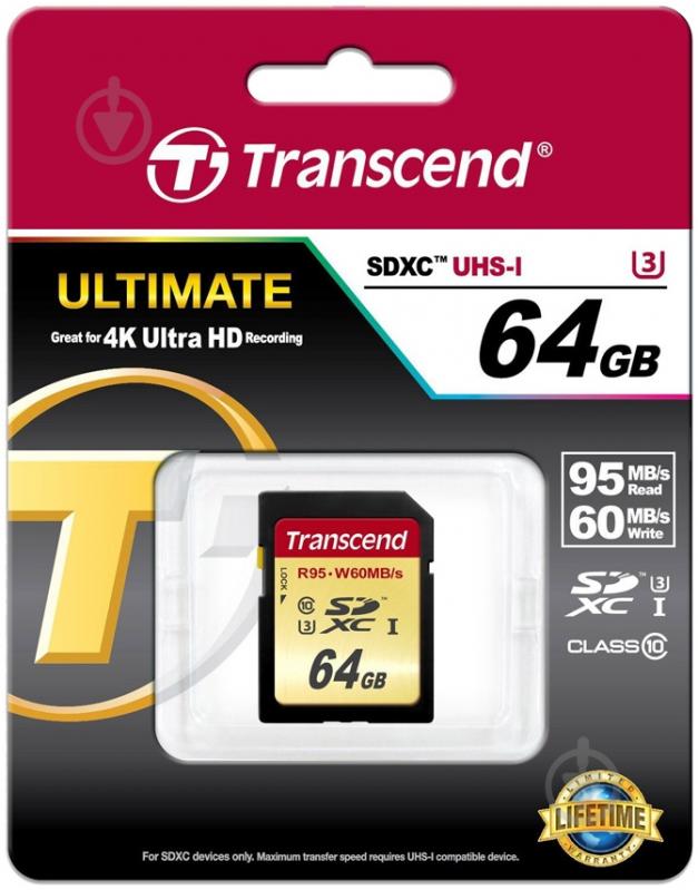 Карта памяти Transcend Ultimate SDXC 64GB Class 10 UHS-I U3 R95/W60MB/s (TS64GSDU3) - фото 2