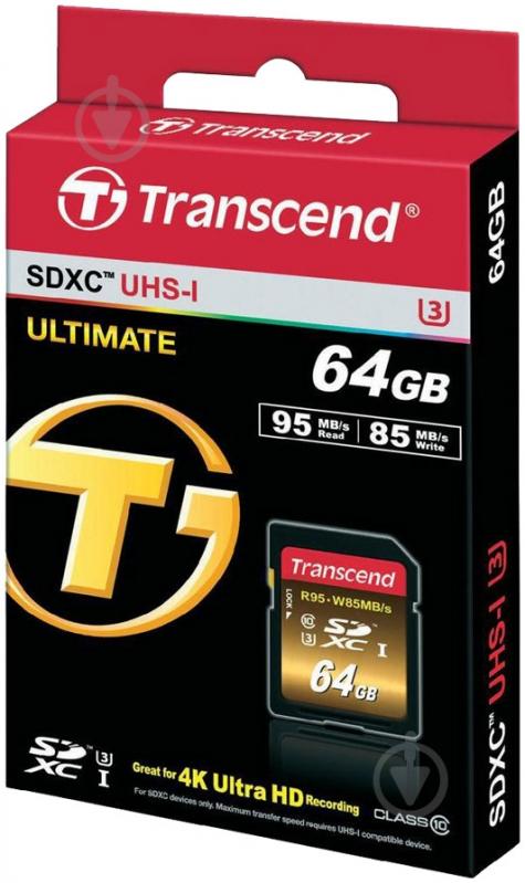 Карта памяти Transcend Ultimate SDXC 64GB Class 10 UHS-I U3 R95/W85MB/s 4K Video (TS64GSDU3X) - фото 2