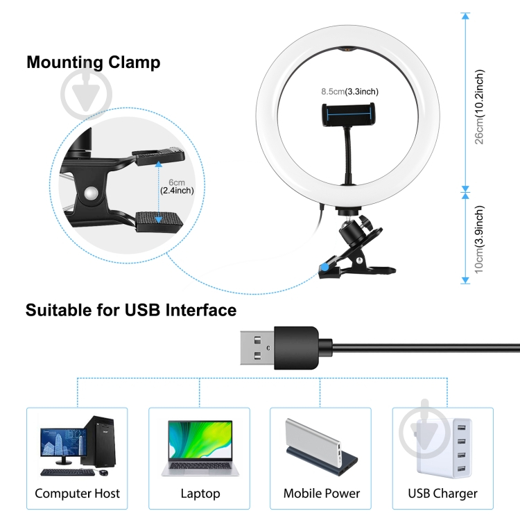 Кільцеве світло Puluz LED PKT3126B 10.2" + затискач - фото 4