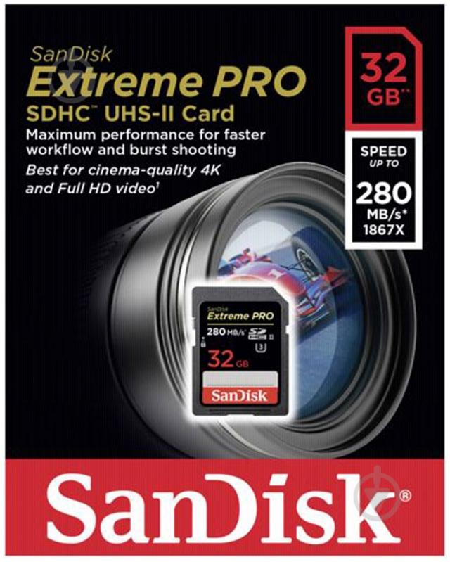 Карта памяти SanDisk ExtremePro 32GB SDHC Class 10 UHS-II R280/W250MB/s 4K Video (SDSDXPB-032G-G46) - фото 2