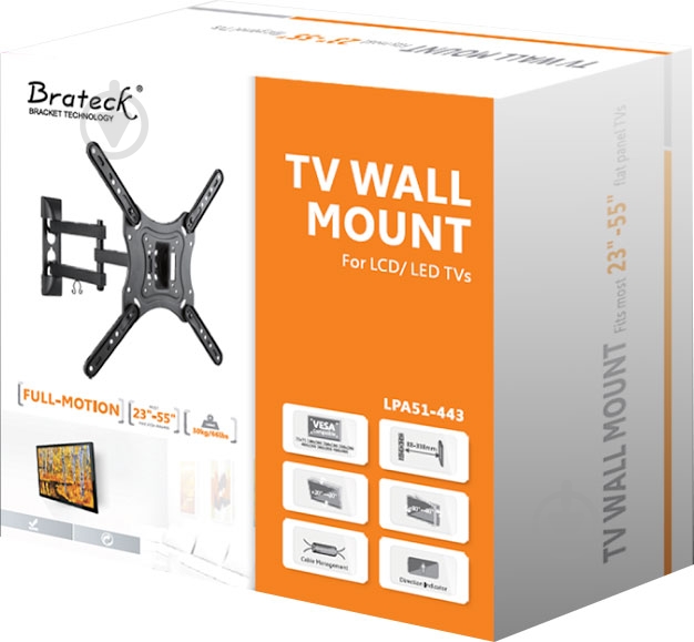 Крепление для телевизора Brateck LPA51-443 поворотно-наклонные 13"-55" черный - фото 2 Крепление для телевизора Brateck LPA51-443 поворотно-наклонные 13"-55" черный - фото 2