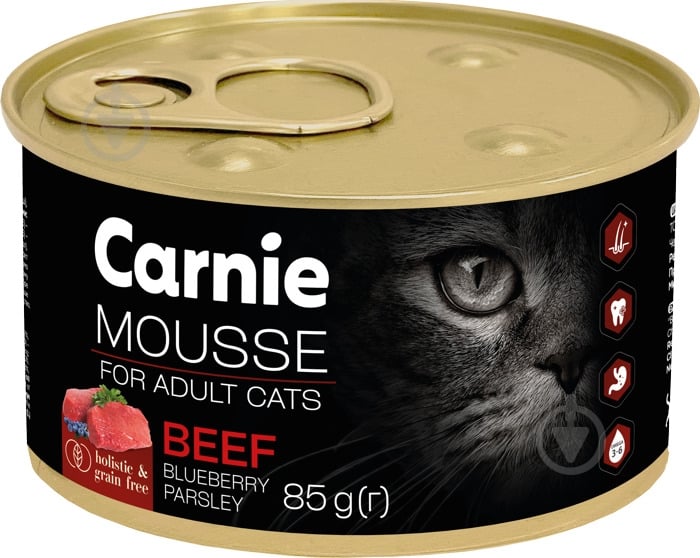 Консерва для котів Carnie м'ясний мус з яловичиною, чорницею, петрушкою та желе 85 г - фото 1 Консерва для котів Carnie м'ясний мус з яловичиною, чорницею, петрушкою та желе 85 г - фото 1