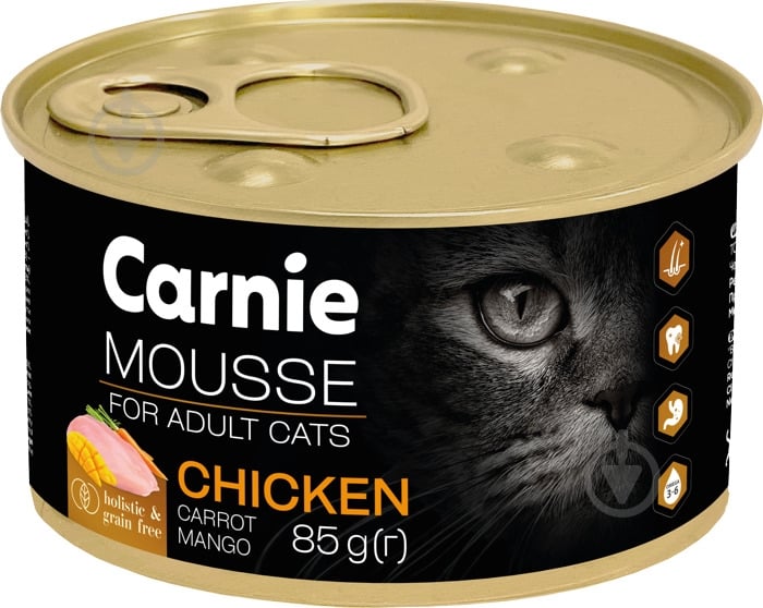 Консерва для котів Carnie м'ясний мус з куркою, манго, морквою та желе 85 г - фото 1 Консерва для котів Carnie м'ясний мус з куркою, манго, морквою та желе 85 г - фото 1