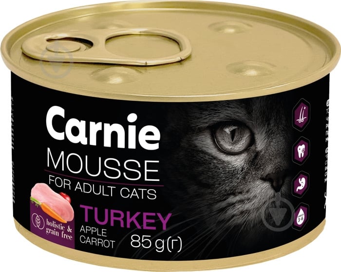 Консерва для котів Carnie м'ясний мус з індичкою, яблуком, морквою та желе 85 г - фото 1 Консерва для котів Carnie м'ясний мус з індичкою, яблуком, морквою та желе 85 г - фото 1