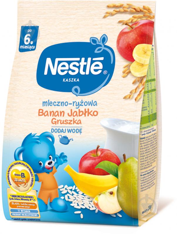 Каша молочна Nestle від 6 місяців рисова з бананом, яблуком та грушею 230 г - фото 1