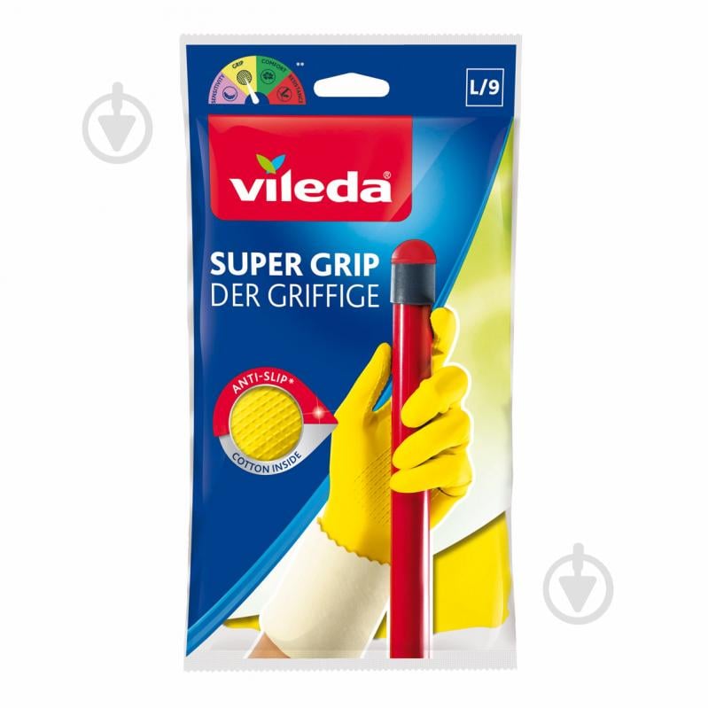 Перчатки латексные Vileda Super Grip суперкрепкие р. L 1 пар/уп. желтые - фото 1