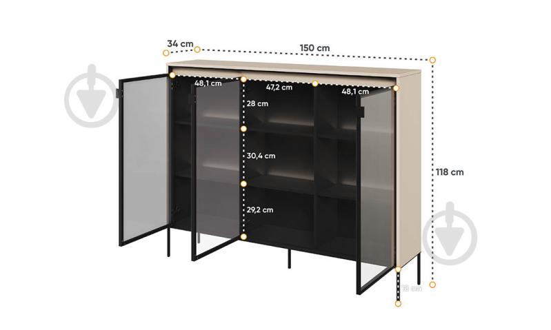 Витрина низкая 3-дв Тренд песочно-бежевый/черный 1180х1500х340 мм - фото 3