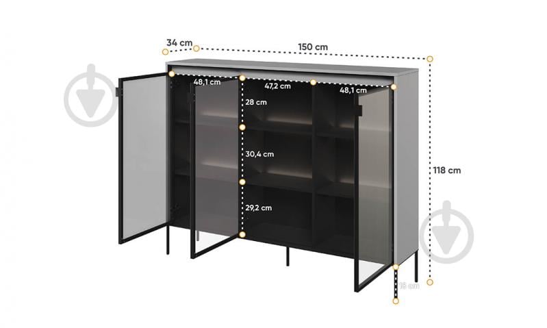 Витрина низкая 3-дв Тренд серый/черный 1180х1500х340 мм - фото 3