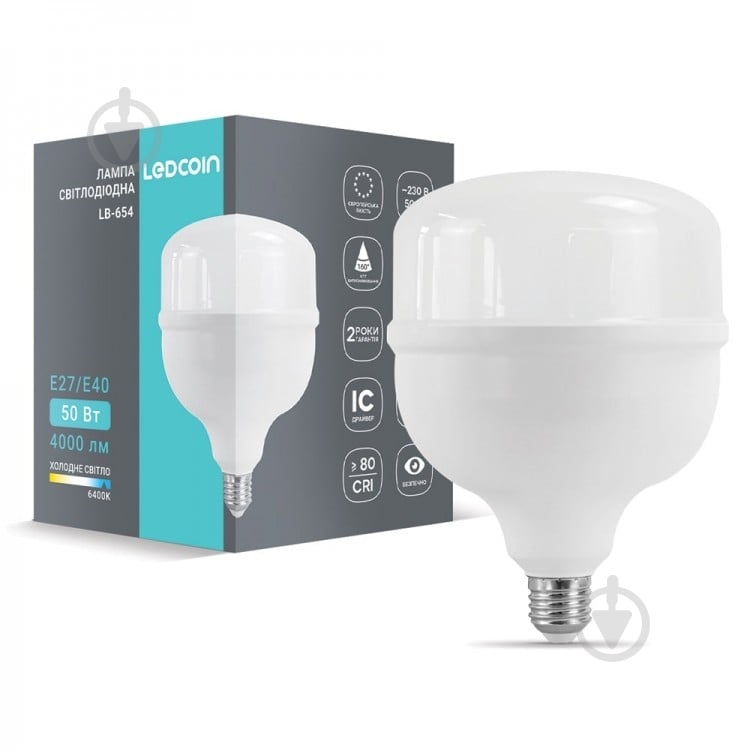 Лампа світлодіодна LEDCOIN LB-654 Hi-Power 50 Вт E27/E40 230 В 6400 К 80477 - фото 1 Лампа світлодіодна LEDCOIN LB-654 Hi-Power 50 Вт E27/E40 230 В 6400 К 80477 - фото 1