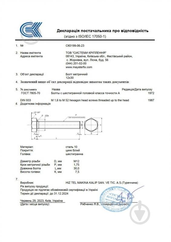 Болт метрическая ЦБ DIN 933 12x30 мм 25 шт. клас прочности 5,8 - фото 3