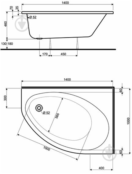 Ванна Kolo ELIPSO асиметрична права XWA0640000 140х100 см - фото 2