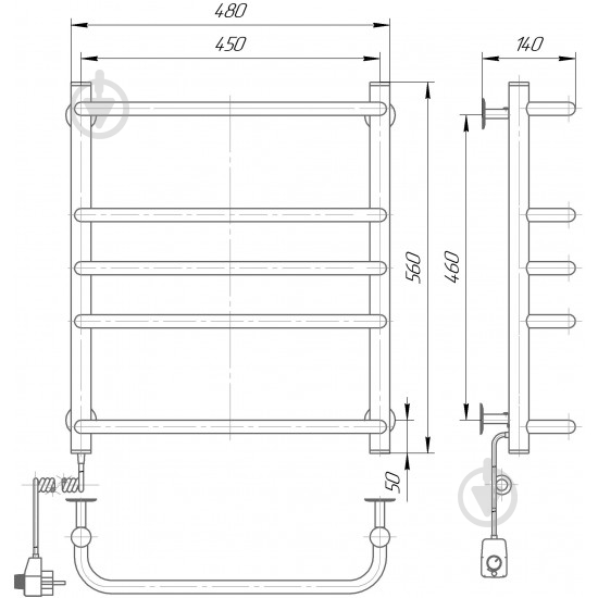 Полотенцесушитель электрический Elna Стандарт–5 белый 560х480х140 л/п с регулятором t - фото 2