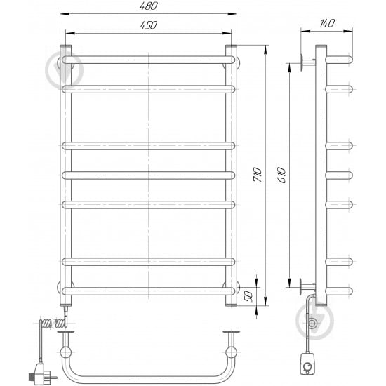 Полотенцесушитель электрический Elna Cтандарт–7 нержавеющая сталь 710х480х140 п/п с регулятором t - фото 2