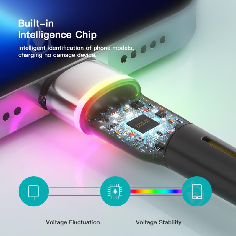 Кабель Essager Colorful LED USB Cable Fast Charging 2.4A 2 м черный (EXCL-XCDA01) - фото 7