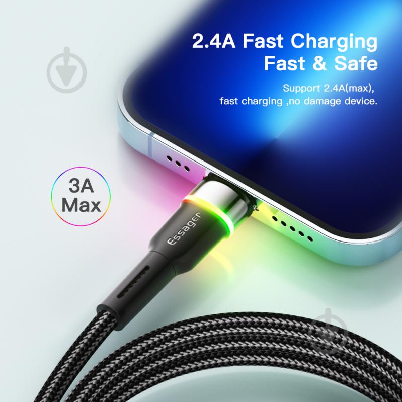 Кабель Essager Colorful LED USB Cable Fast Charging 2.4A 2 м черный (EXCL-XCDA01) - фото 5