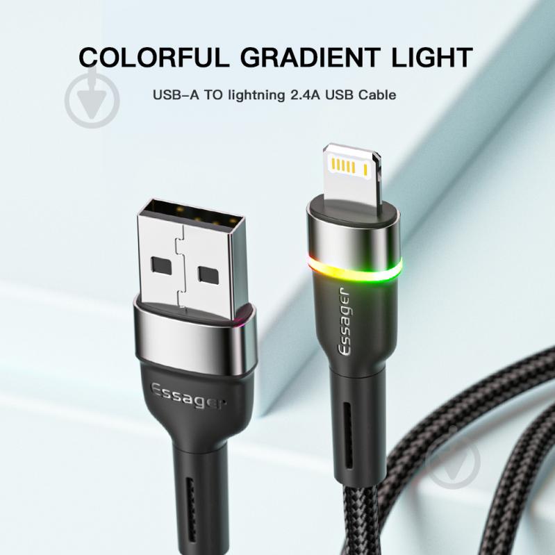 Кабель Essager Colorful LED USB Cable Fast Charging 2.4A 2 м черный (EXCL-XCDA01) - фото 3