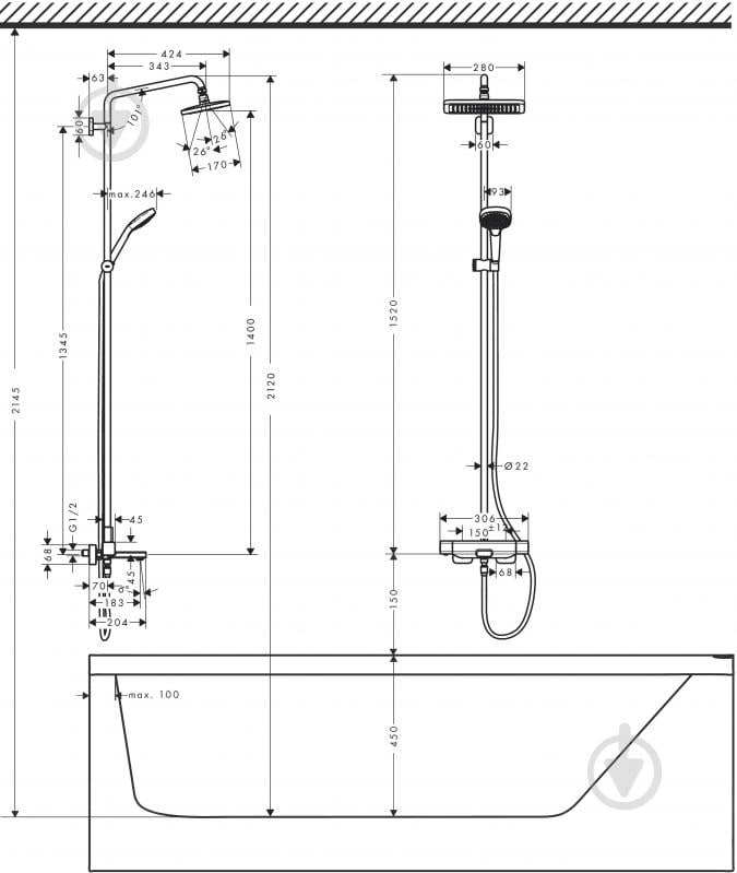 Душевая система Hansgrohe Croma E Showerpipe 280 1jet 27687000 хром - фото 3