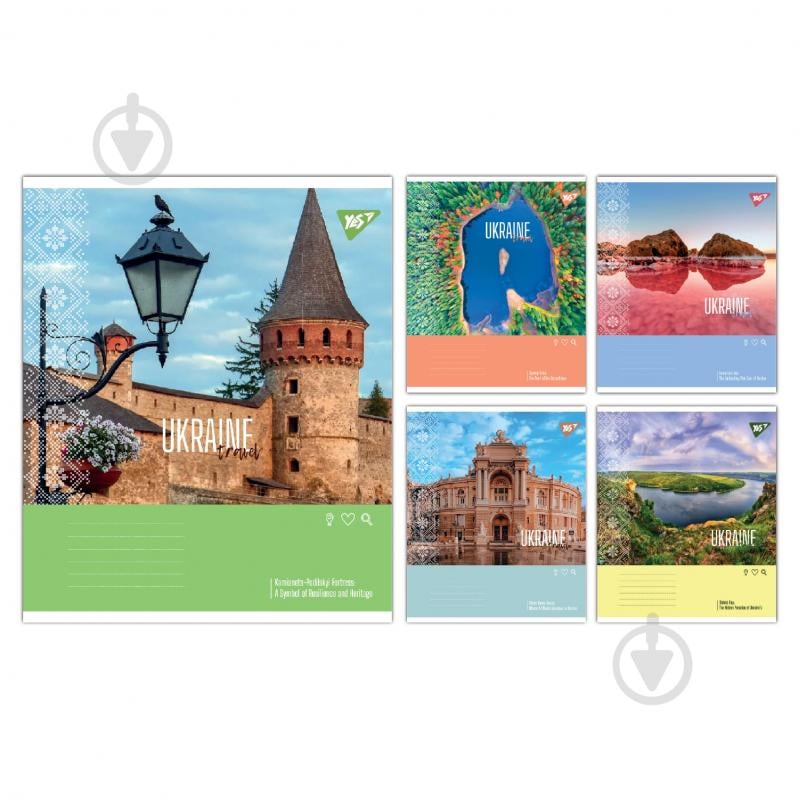 Набір шкільних зошитів Ukraine travel 24 аркуші клітинка 5 шт. YES - фото 1