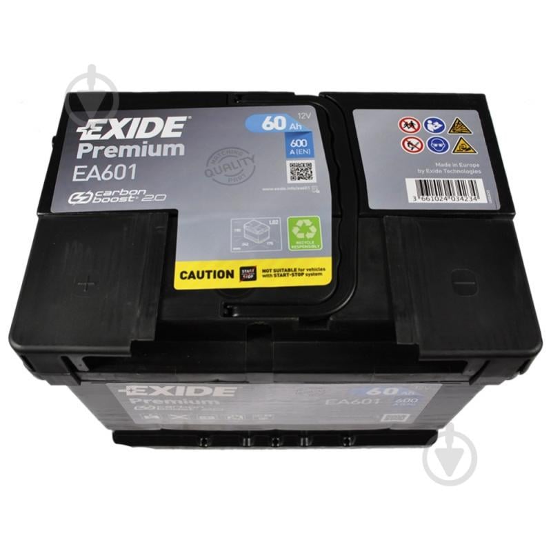 Аккумулятор автомобильный EXIDE Premium Carbon Boost 2.0 60Ah 600A 12V «+» слева (EA601) - фото 3 Аккумулятор автомобильный EXIDE Premium Carbon Boost 2.0 60Ah 600A 12V «+» слева (EA601) - фото 3