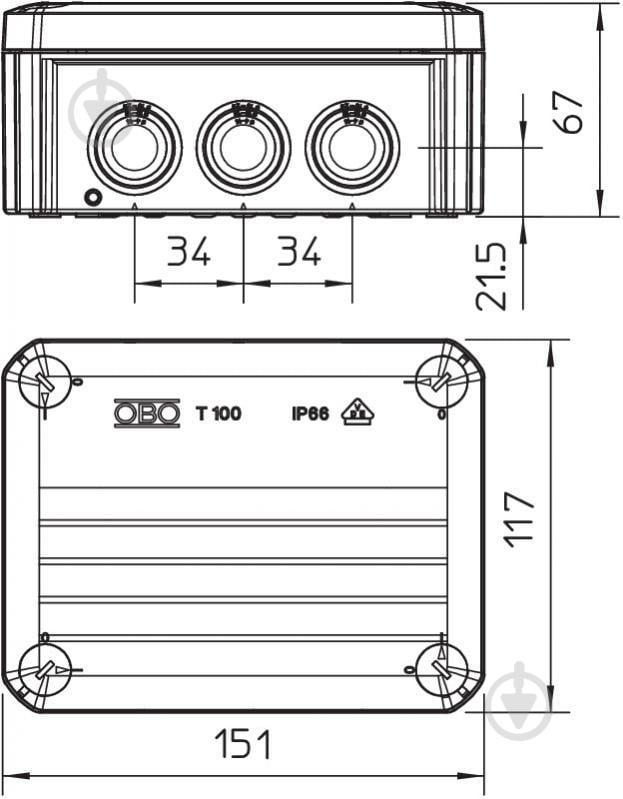 Коробка розподільча з кришкою OBO Bettermann Т-серії з кабельними вводами 150х116х67 поліпропілен 2007077 - фото 2